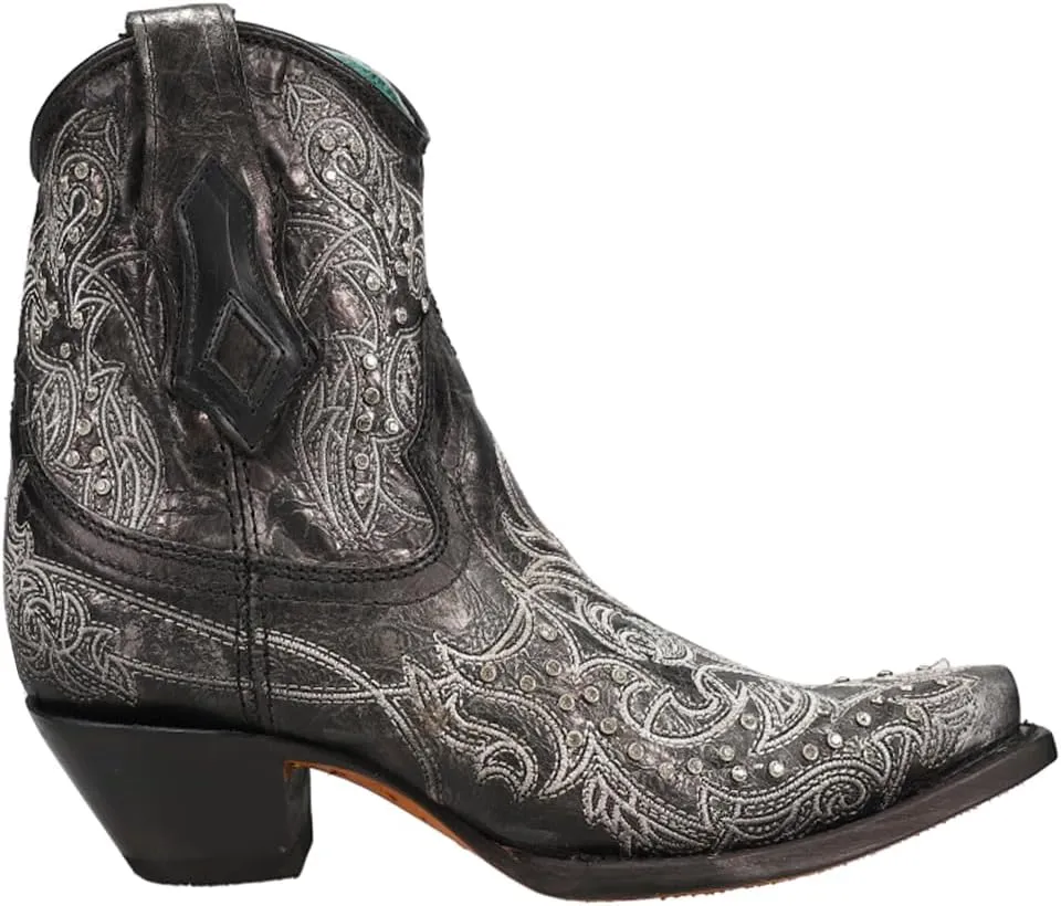 Corral Boots Womens Art 21 Crystal Tooled Inlay Snip Toe Casual Boots Ankle Low Heel 1-2" - Black
