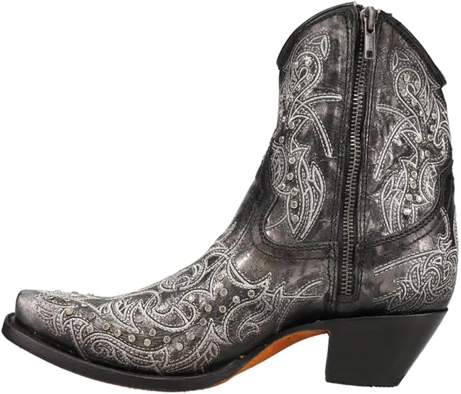 Corral Boots Womens Art 21 Crystal Tooled Inlay Snip Toe Casual Boots Ankle Low Heel 1-2" - Black