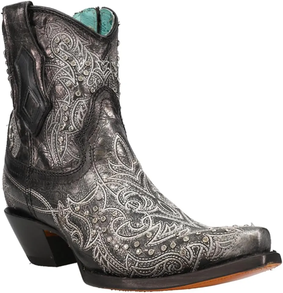 Corral Boots Womens Art 21 Crystal Tooled Inlay Snip Toe Casual Boots Ankle Low Heel 1-2" - Black