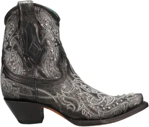 Corral Boots Womens Art 21 Crystal Tooled Inlay Snip Toe Casual Boots Ankle Low Heel 1-2" - Black