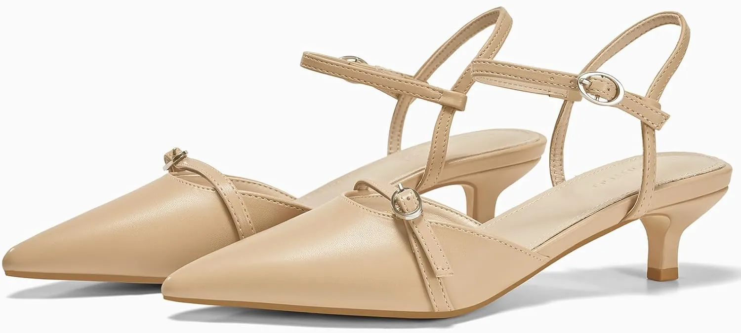 Coutgo Womens Kitten Heels Low Heel Dress Shoes Closed Pointed Toe Ankle Strap Work Office Pumps