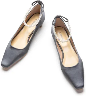 C.Paravano Ladies' Chunky Low Heel Pearl Ankle Strap Women's Square Toe Pumps Closed Toe Low Heel Pumps Bridal Wedding Shoes 1.1in Heels（Dark Grey，10.5）
