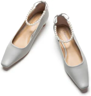 C.Paravano Ladies' Chunky Low Heel Pearl Ankle Strap Women's Square Toe Pumps Closed Toe Low Heel Pumps Bridal Wedding Shoes 1.1in Heels（Grey，5.5）
