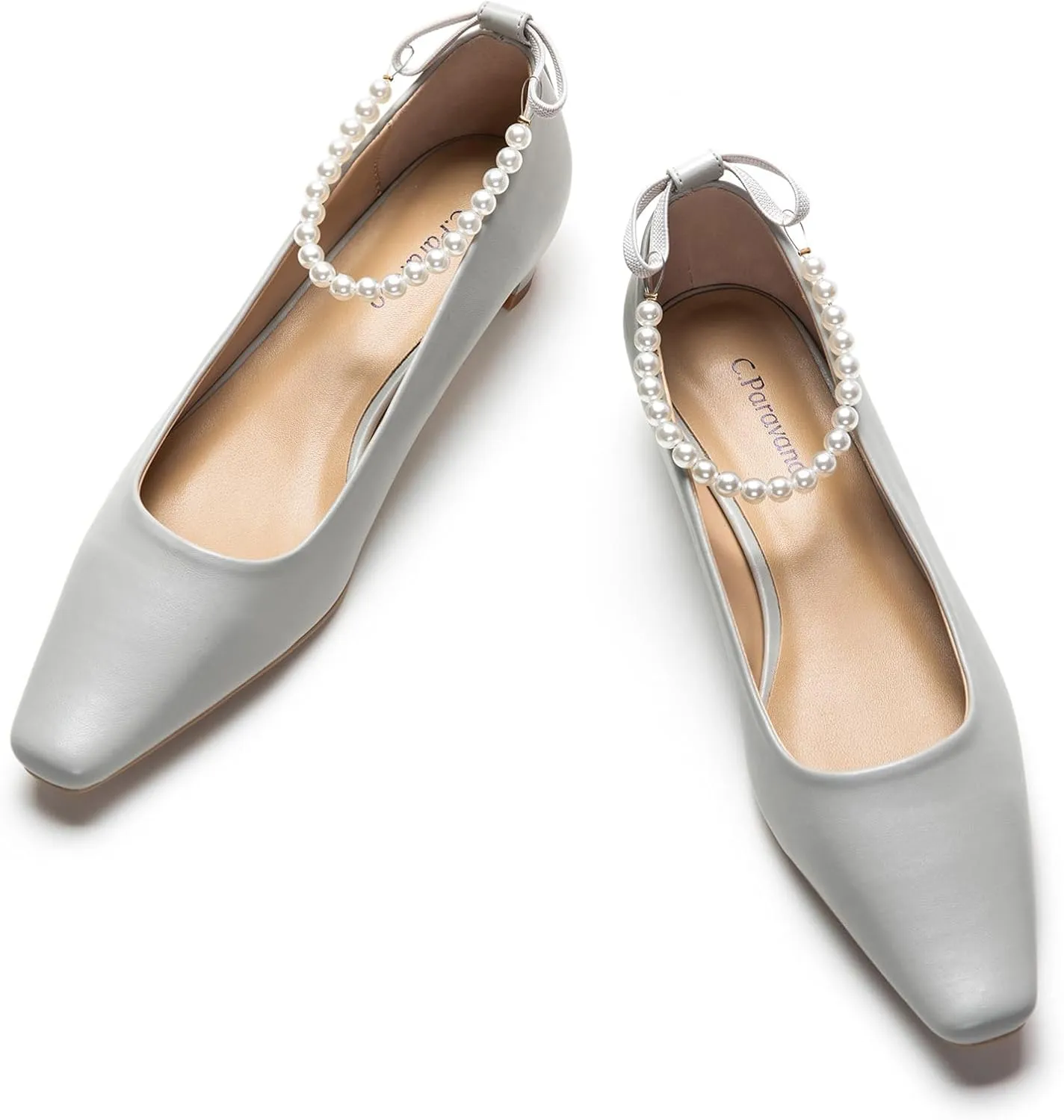C.Paravano Ladies' Chunky Low Heel Pearl Ankle Strap Women's Square Toe Pumps Closed Toe Low Heel Pumps Bridal Wedding Shoes 1.1in Heels（Grey，5.5）