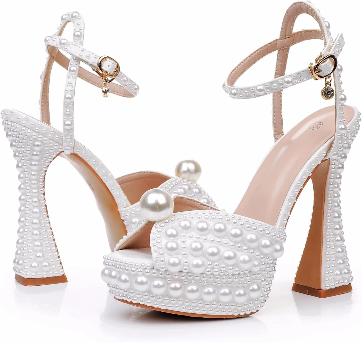 Crystal Queen 13CM Block Heel Paltform Sandals Chunky Heels Pretty Lolita Shoes Princess Round Toe Pumps Mary Jane Evening Party White Pearls Wedding Bride Shoes