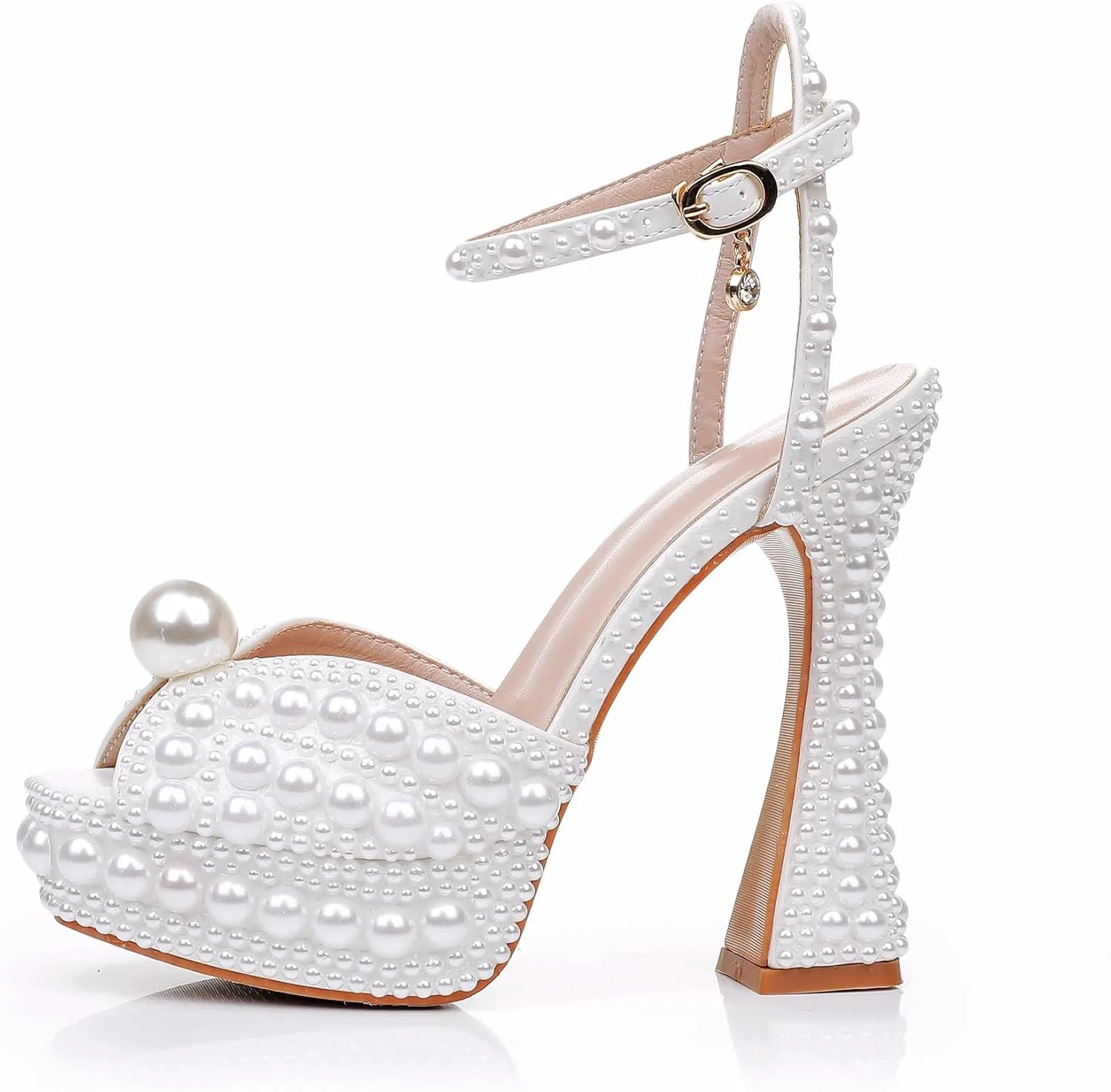 Crystal Queen 13CM Block Heel Paltform Sandals Chunky Heels Pretty Lolita Shoes Princess Round Toe Pumps Mary Jane Evening Party White Pearls Wedding Bride Shoes