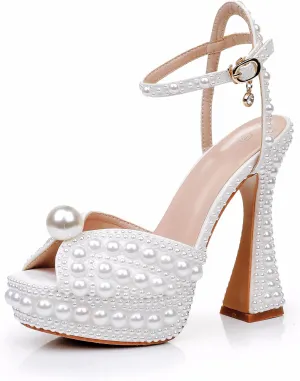 Crystal Queen 13CM Block Heel Paltform Sandals Chunky Heels Pretty Lolita Shoes Princess Round Toe Pumps Mary Jane Evening Party White Pearls Wedding Bride Shoes