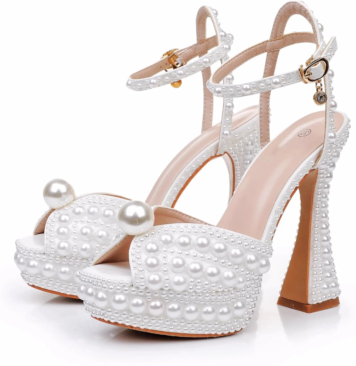 Crystal Queen 13CM Block Heel Paltform Sandals Chunky Heels Pretty Lolita Shoes Princess Round Toe Pumps Mary Jane Evening Party White Pearls Wedding Bride Shoes