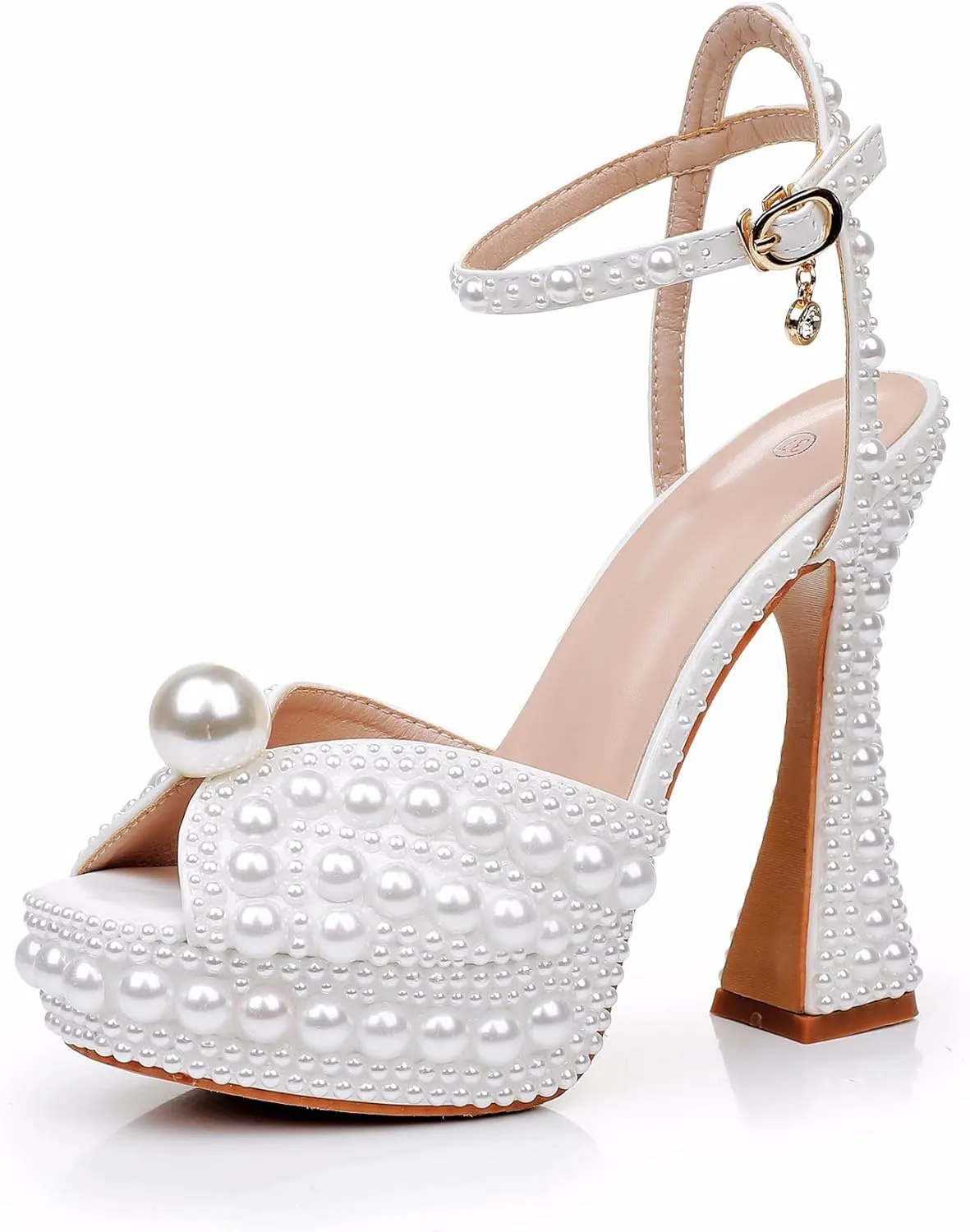 Crystal Queen 13CM Block Heel Paltform Sandals Chunky Heels Pretty Lolita Shoes Princess Round Toe Pumps Mary Jane Evening Party White Pearls Wedding Bride Shoes