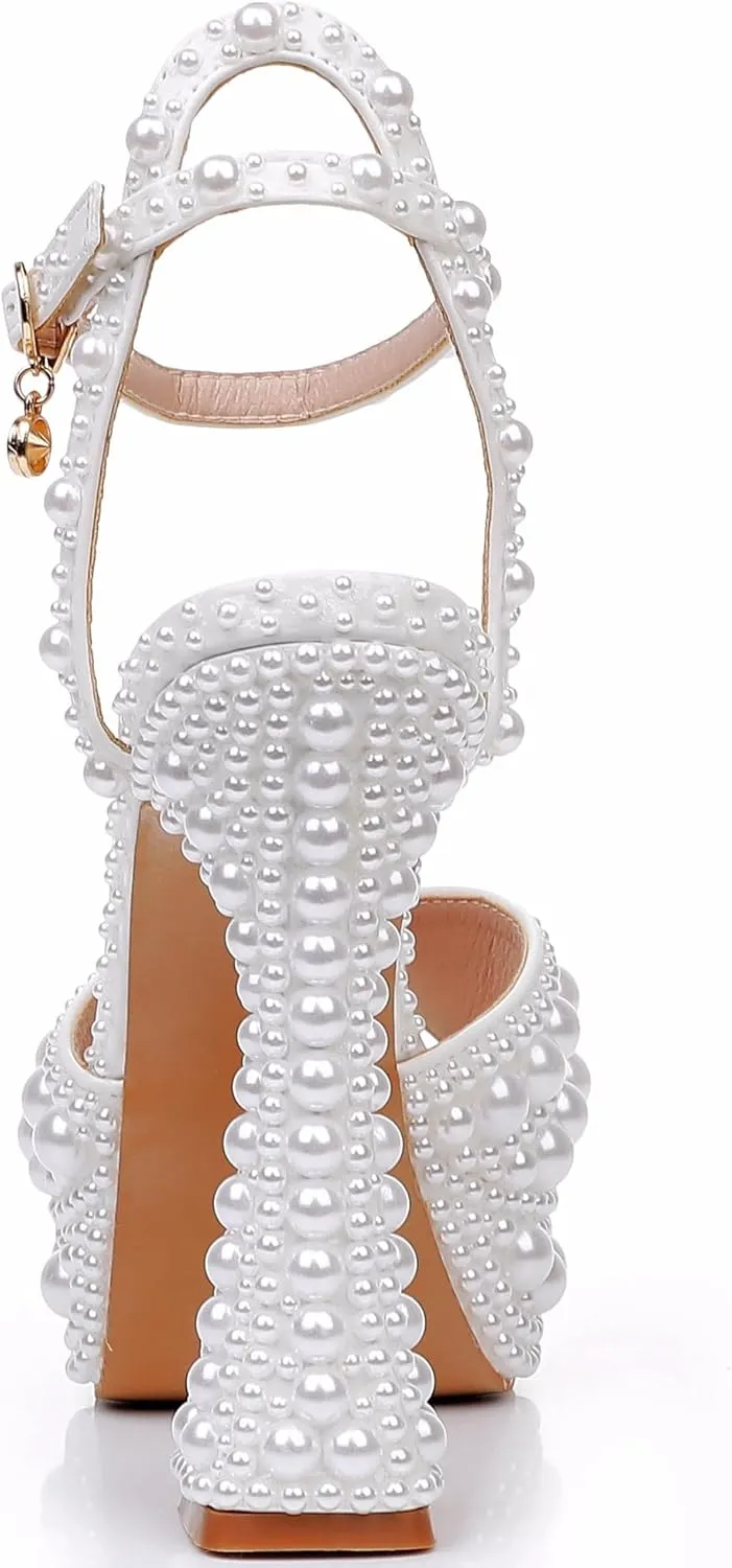 Crystal Queen 13CM Block Heel Paltform Sandals Chunky Heels Pretty Lolita Shoes Princess Round Toe Pumps Mary Jane Evening Party White Pearls Wedding Bride Shoes