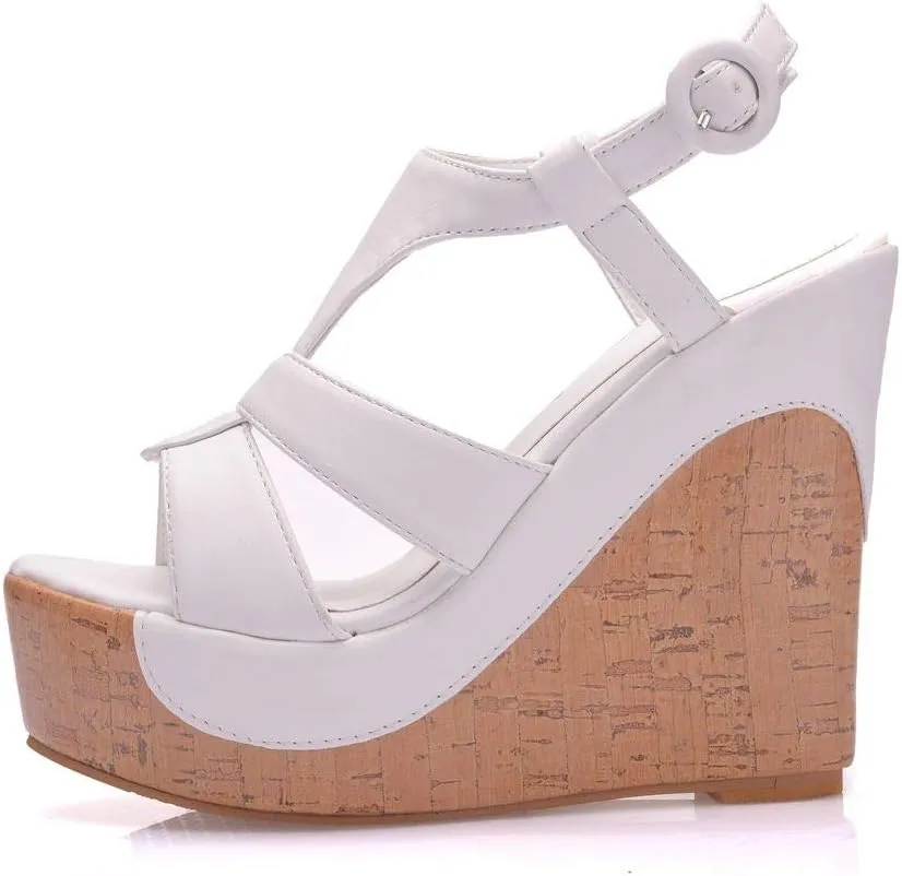 Crystal Queen 4.9 inches Peep Toe Platform Wedges Sandals Round Toe Platform High Heel Sandals Wood Stripe Ankle Sandals