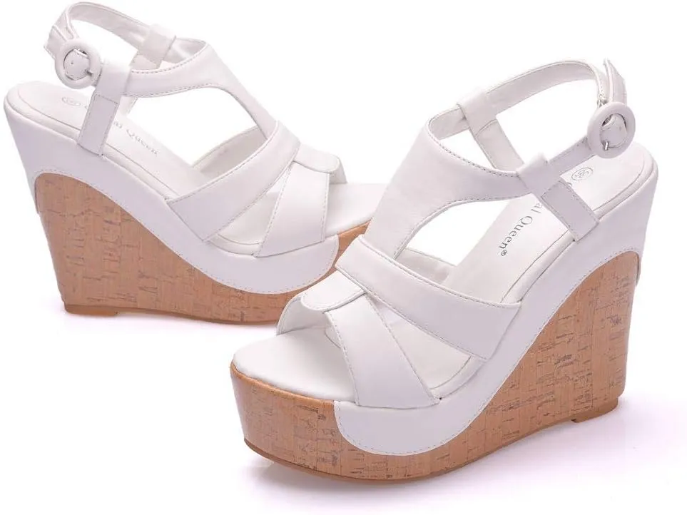Crystal Queen 4.9 inches Peep Toe Platform Wedges Sandals Round Toe Platform High Heel Sandals Wood Stripe Ankle Sandals