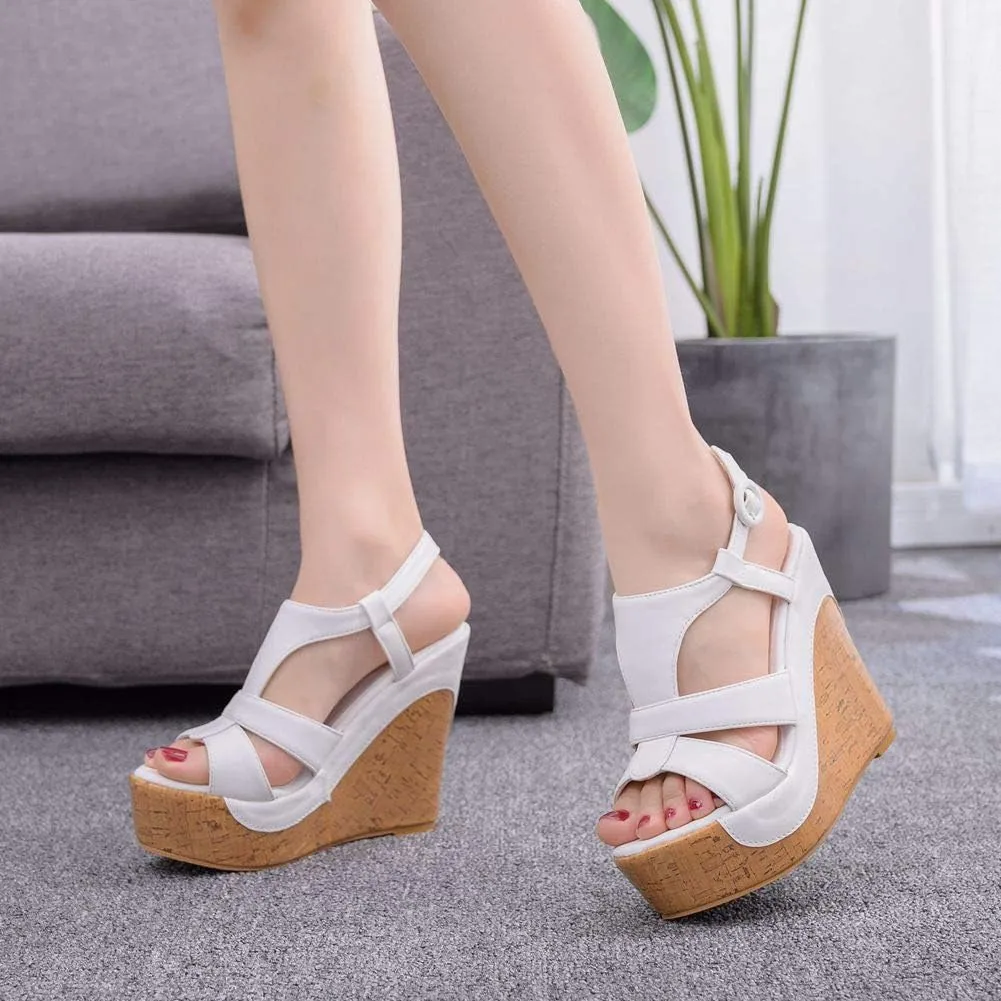Crystal Queen 4.9 inches Peep Toe Platform Wedges Sandals Round Toe Platform High Heel Sandals Wood Stripe Ankle Sandals