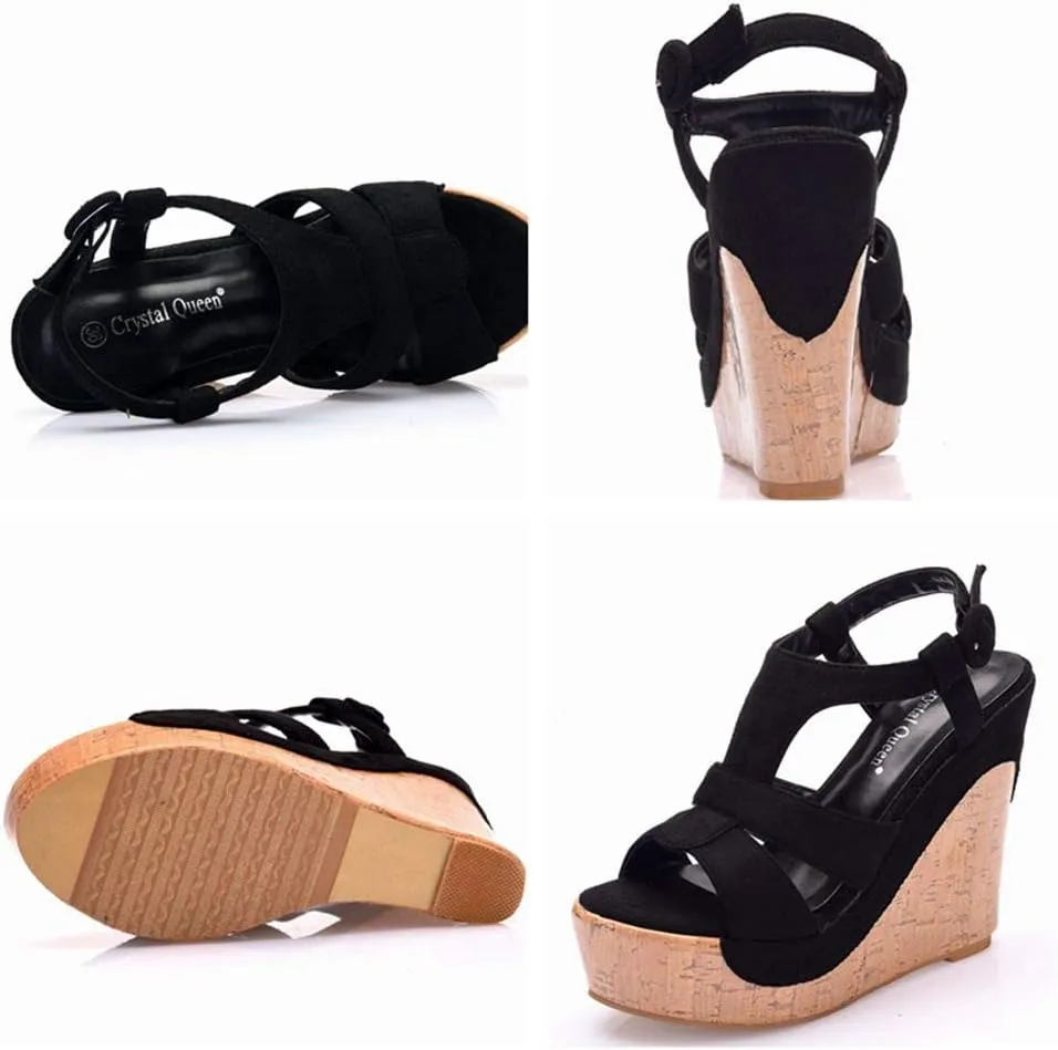 Crystal Queen 4.9 inches Peep Toe Platform Wedges Sandals Round Toe Platform High Heel Sandals Wood Stripe Ankle Sandals