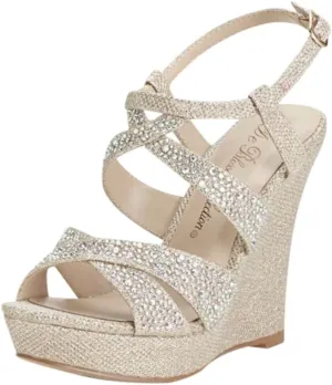 David's Bridal High Heel Wedge Sandal with Crystal Embellishment Style BALLE8, Nude Metallic, 6.5
