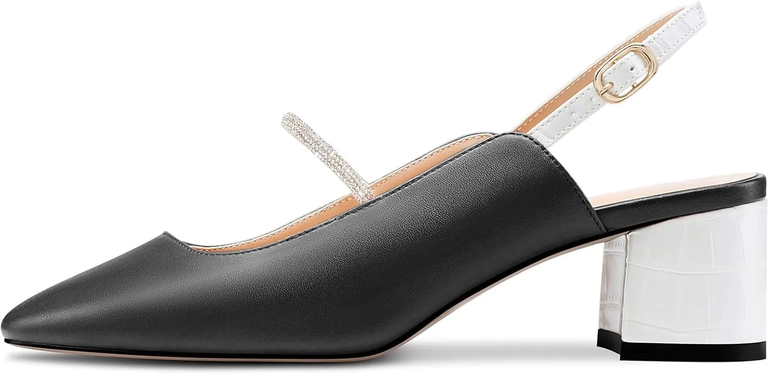 DearOnly Mid Block Heel Square Toe Slingback Ankle Strap Pumps Rhinestone Crystal Sexy Buckle Prom Shoes 2.0 Inches Heels