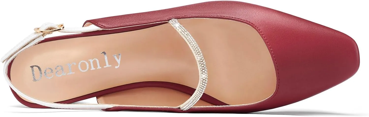 DearOnly Mid Block Heel Square Toe Slingback Ankle Strap Pumps Rhinestone Crystal Sexy Buckle Prom Shoes 2.0 Inches Heels