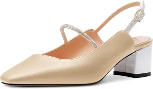 DearOnly Mid Block Heel Square Toe Slingback Ankle Strap Pumps Rhinestone Crystal Sexy Buckle Prom Shoes 2.0 Inches Heels