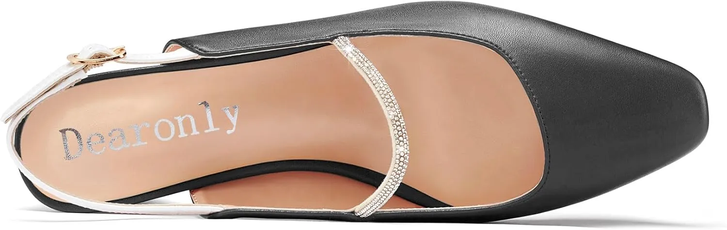 DearOnly Mid Block Heel Square Toe Slingback Ankle Strap Pumps Rhinestone Crystal Sexy Buckle Prom Shoes 2.0 Inches Heels