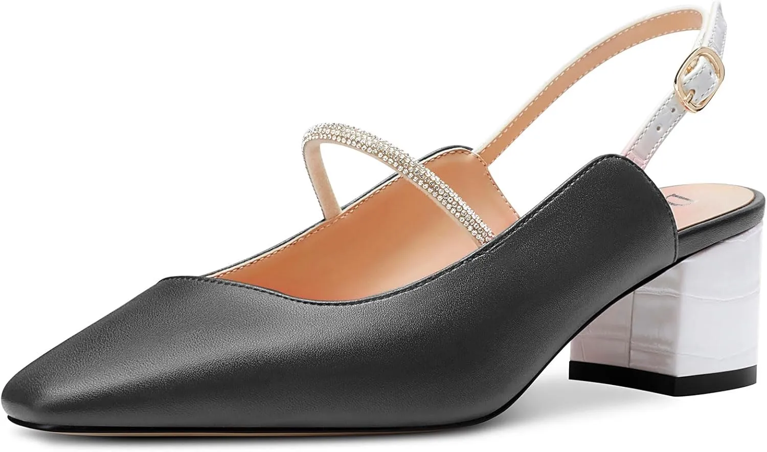 DearOnly Mid Block Heel Square Toe Slingback Ankle Strap Pumps Rhinestone Crystal Sexy Buckle Prom Shoes 2.0 Inches Heels