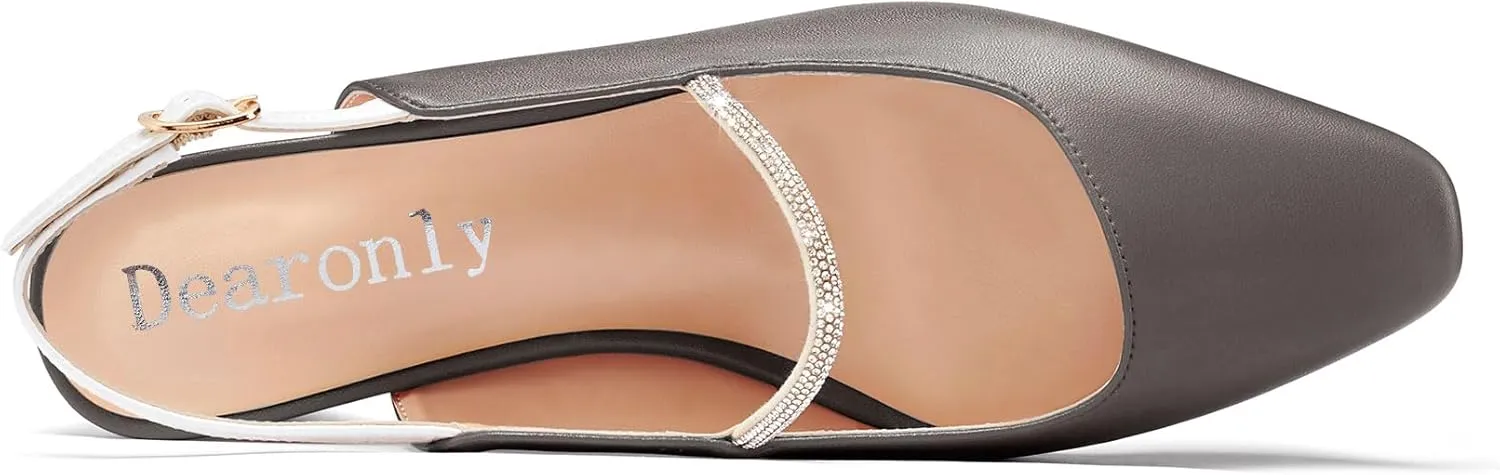 DearOnly Mid Block Heel Square Toe Slingback Ankle Strap Pumps Rhinestone Crystal Sexy Buckle Prom Shoes 2.0 Inches Heels