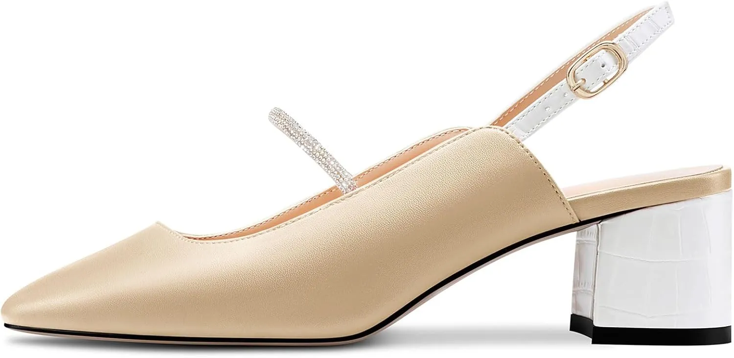 DearOnly Mid Block Heel Square Toe Slingback Ankle Strap Pumps Rhinestone Crystal Sexy Buckle Prom Shoes 2.0 Inches Heels