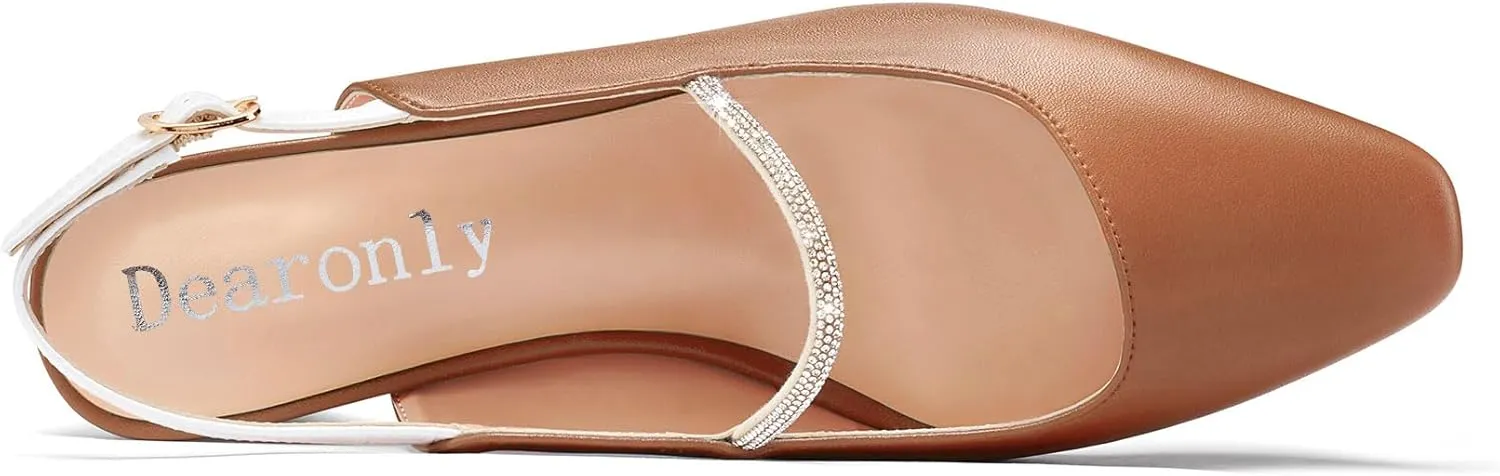 DearOnly Mid Block Heel Square Toe Slingback Ankle Strap Pumps Rhinestone Crystal Sexy Buckle Prom Shoes 2.0 Inches Heels