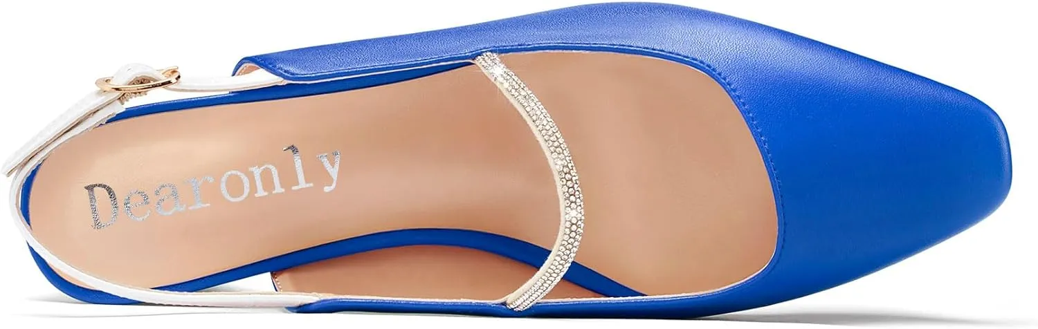 DearOnly Mid Block Heel Square Toe Slingback Ankle Strap Pumps Rhinestone Crystal Sexy Buckle Prom Shoes 2.0 Inches Heels