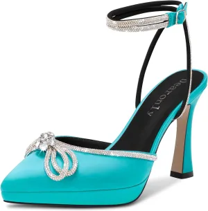 DearOnly Platform High Heel Pointed Toe Pumps Ankle Strap Rhinestone Crystal Bow-Knot Prom Dress Shoes