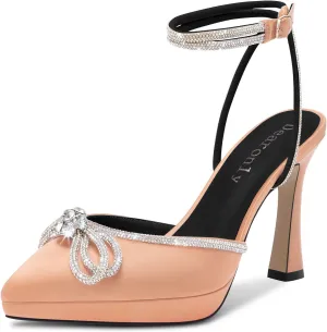 DearOnly Platform High Heel Pointed Toe Pumps Ankle Strap Rhinestone Crystal Bow-Knot Prom Dress Shoes