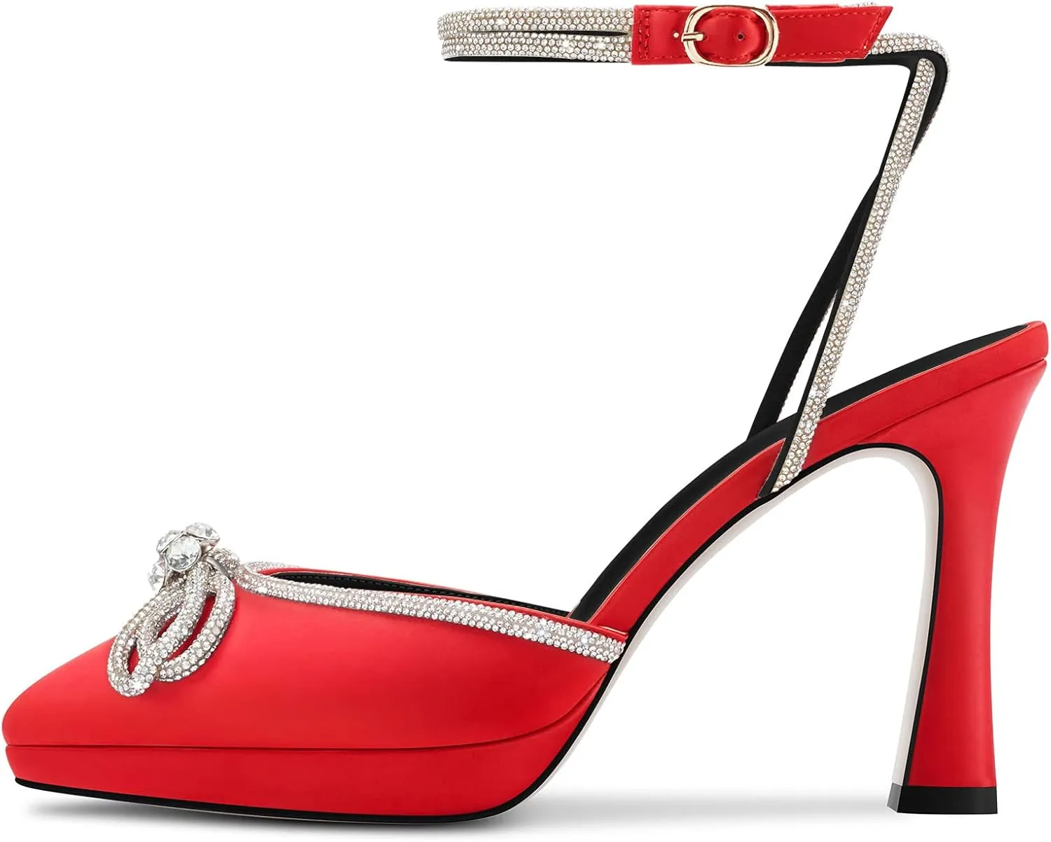 DearOnly Platform High Heel Pointed Toe Pumps Ankle Strap Rhinestone Crystal Bow-Knot Prom Dress Shoes