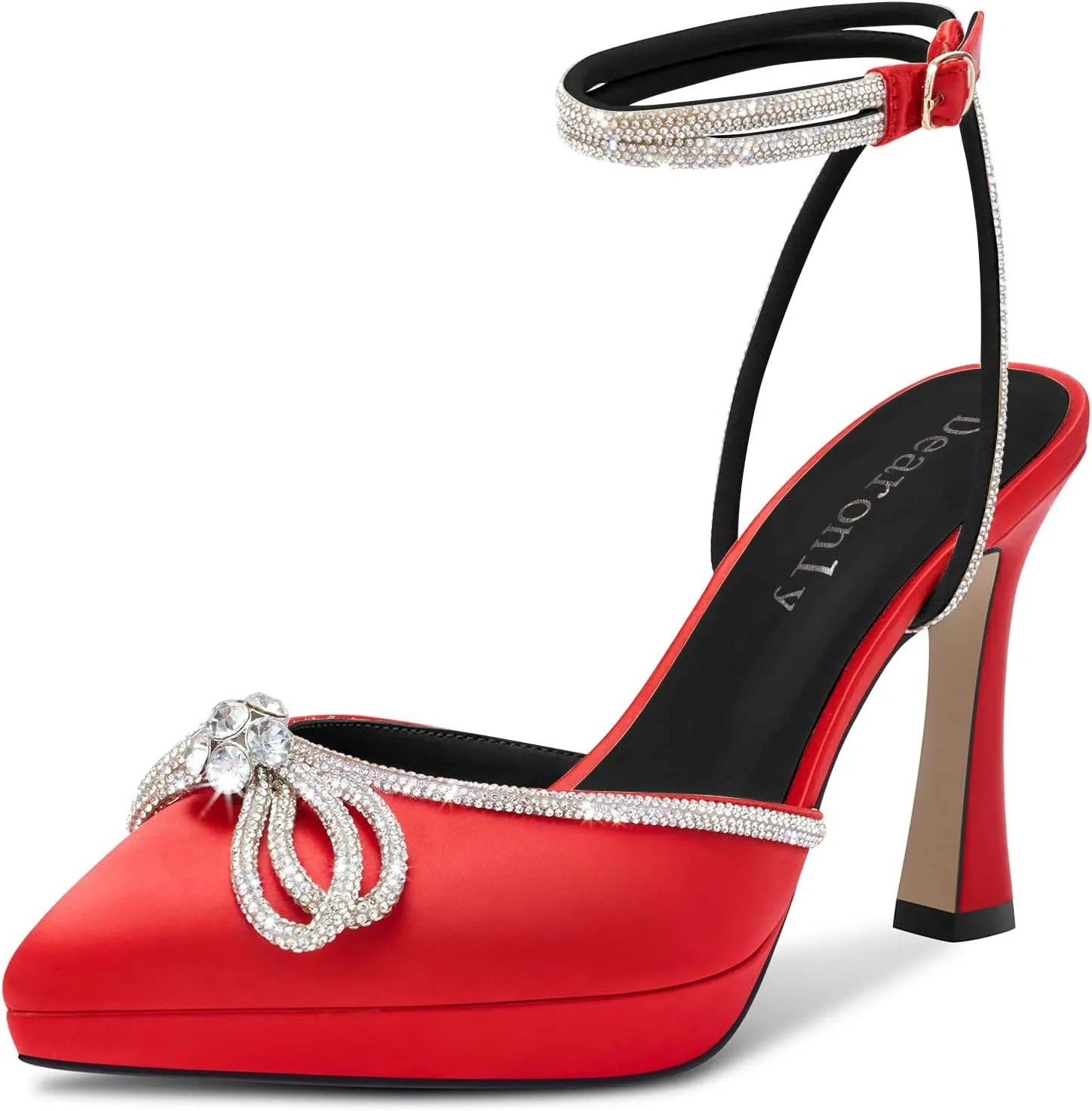 DearOnly Platform High Heel Pointed Toe Pumps Ankle Strap Rhinestone Crystal Bow-Knot Prom Dress Shoes