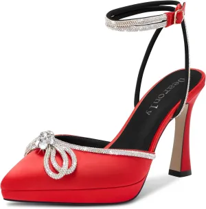 DearOnly Platform High Heel Pointed Toe Pumps Ankle Strap Rhinestone Crystal Bow-Knot Prom Dress Shoes