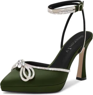 DearOnly Platform High Heel Pointed Toe Pumps Ankle Strap Rhinestone Crystal Bow-Knot Prom Dress Shoes