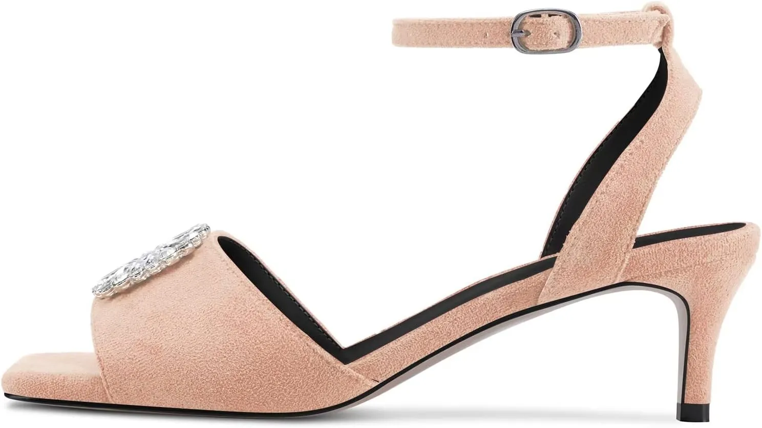 DearOnly Women Low Kitten Heel Peep Open Toe Pumps Ankle Strap Rhinestone Crystal Buckle Prom Dress 2.0 Inches Heels