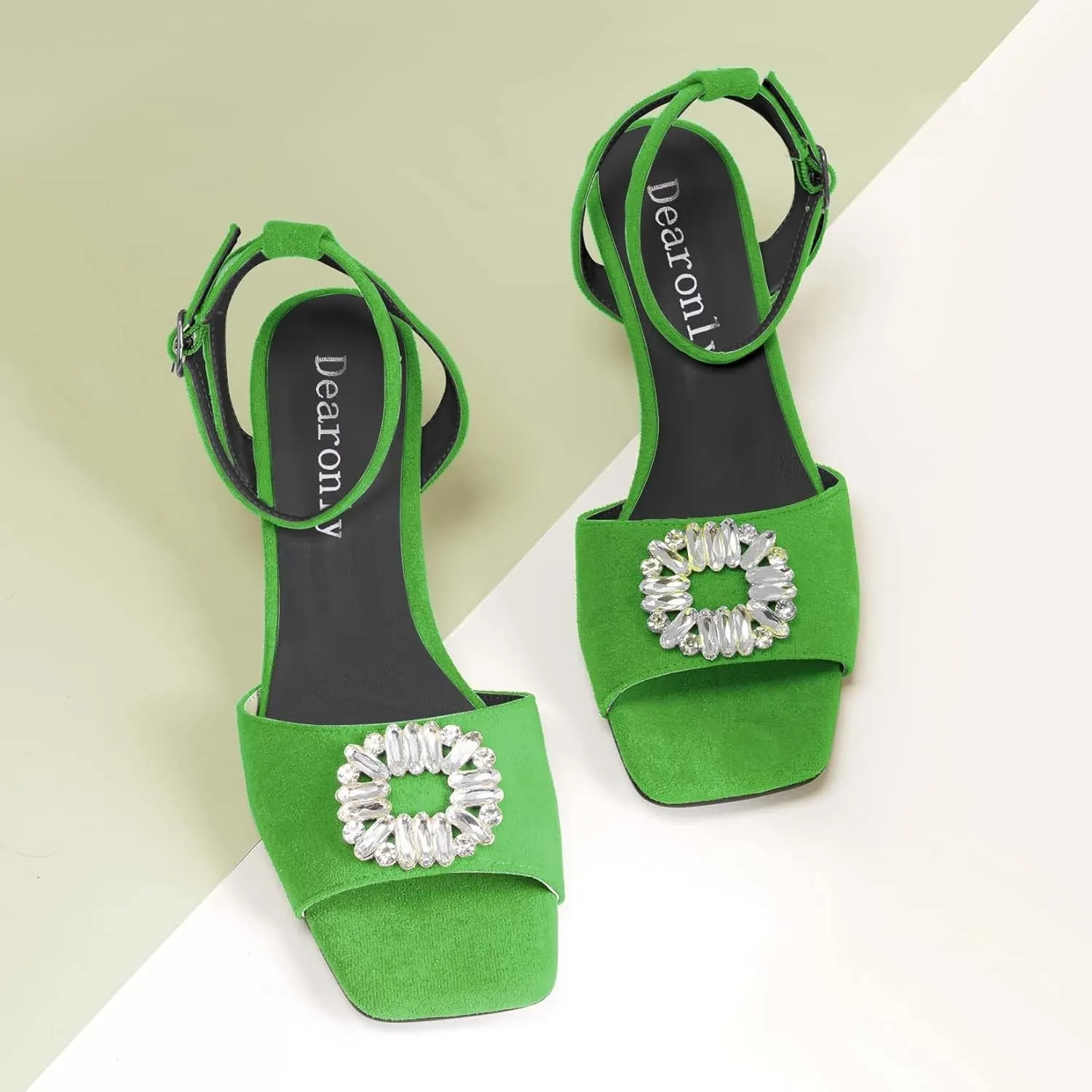 DearOnly Women Low Kitten Heel Peep Open Toe Pumps Ankle Strap Rhinestone Crystal Buckle Prom Dress 2.0 Inches Heels