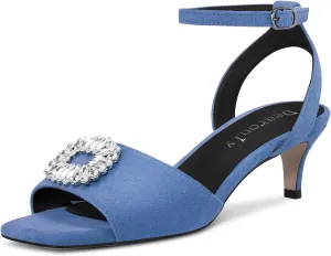 DearOnly Women Low Kitten Heel Peep Open Toe Pumps Ankle Strap Rhinestone Crystal Buckle Prom Dress 2.0 Inches Heels