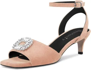 DearOnly Women Low Kitten Heel Peep Open Toe Pumps Ankle Strap Rhinestone Crystal Buckle Prom Dress 2.0 Inches Heels