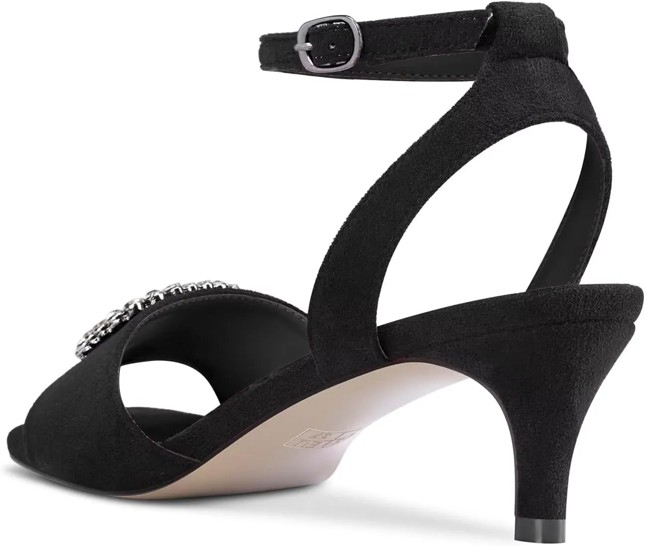 DearOnly Women Low Kitten Heel Peep Open Toe Pumps Ankle Strap Rhinestone Crystal Buckle Prom Dress 2.0 Inches Heels