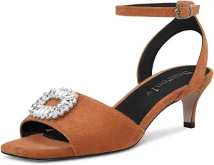 DearOnly Women Low Kitten Heel Peep Open Toe Pumps Ankle Strap Rhinestone Crystal Buckle Prom Dress 2.0 Inches Heels