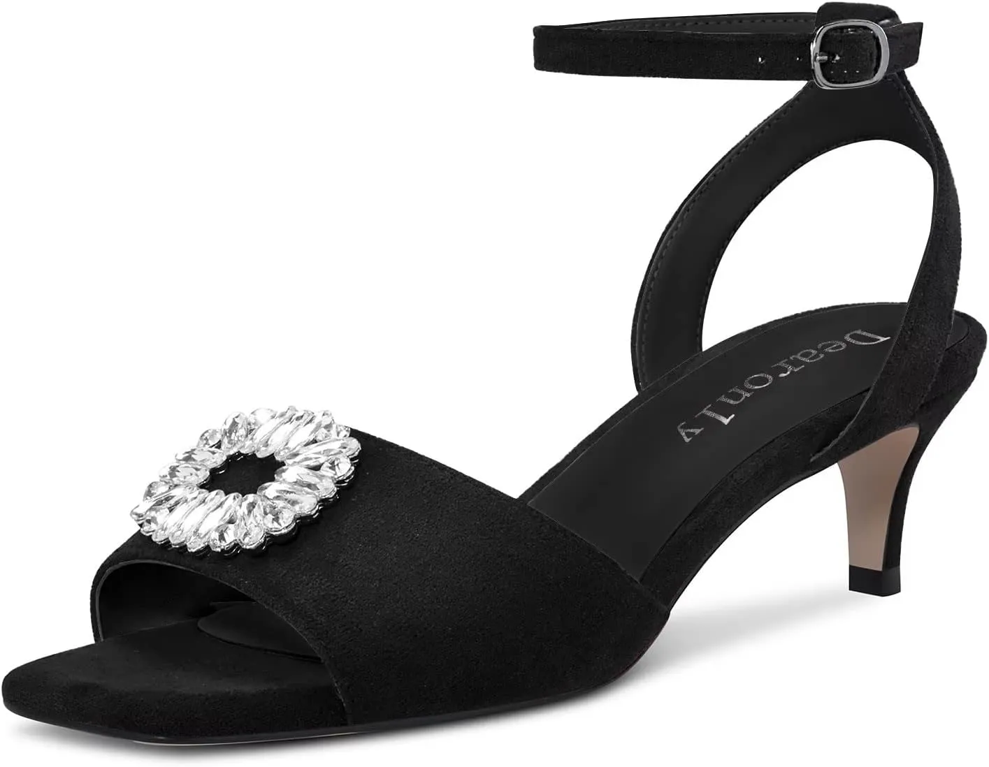 DearOnly Women Low Kitten Heel Peep Open Toe Pumps Ankle Strap Rhinestone Crystal Buckle Prom Dress 2.0 Inches Heels