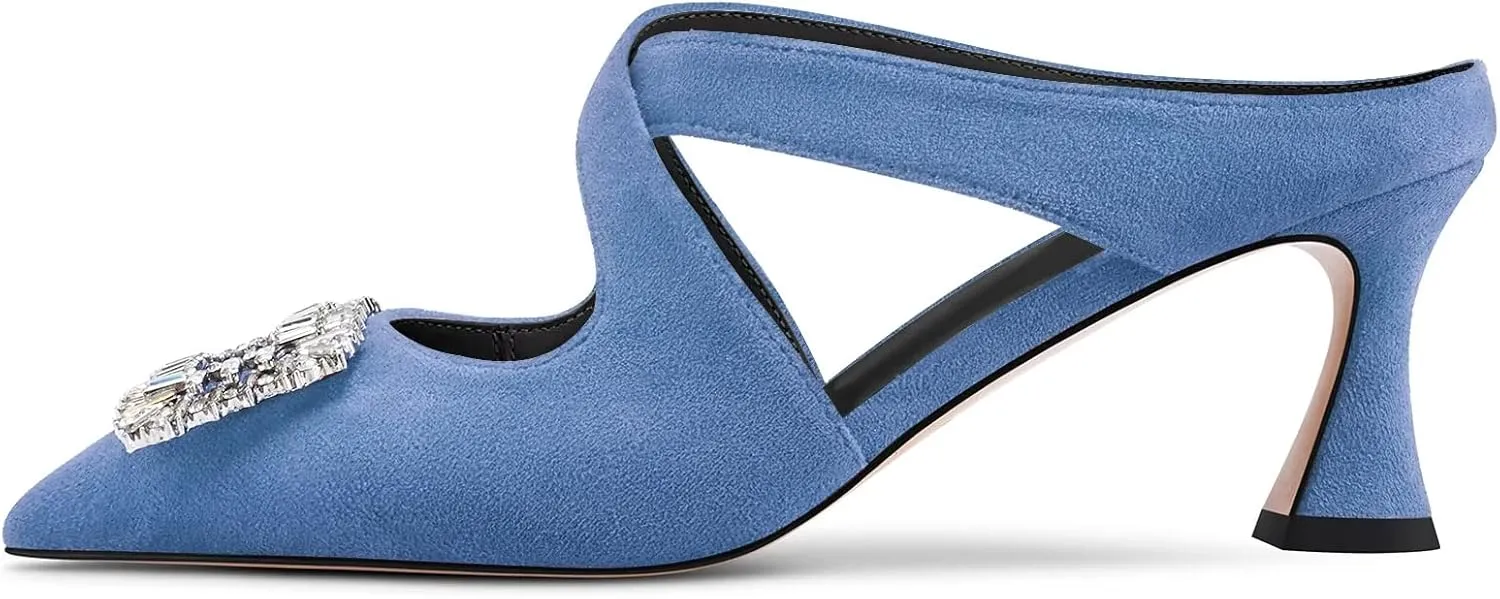 DearOnly Women Pointed Toe Sandals Mid Chunky Block Heel Cross-Strap Slingback Diamond Crystal Wedding Dress Heel
