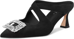 DearOnly Women Pointed Toe Sandals Mid Chunky Block Heel Cross-Strap Slingback Diamond Crystal Wedding Dress Heel