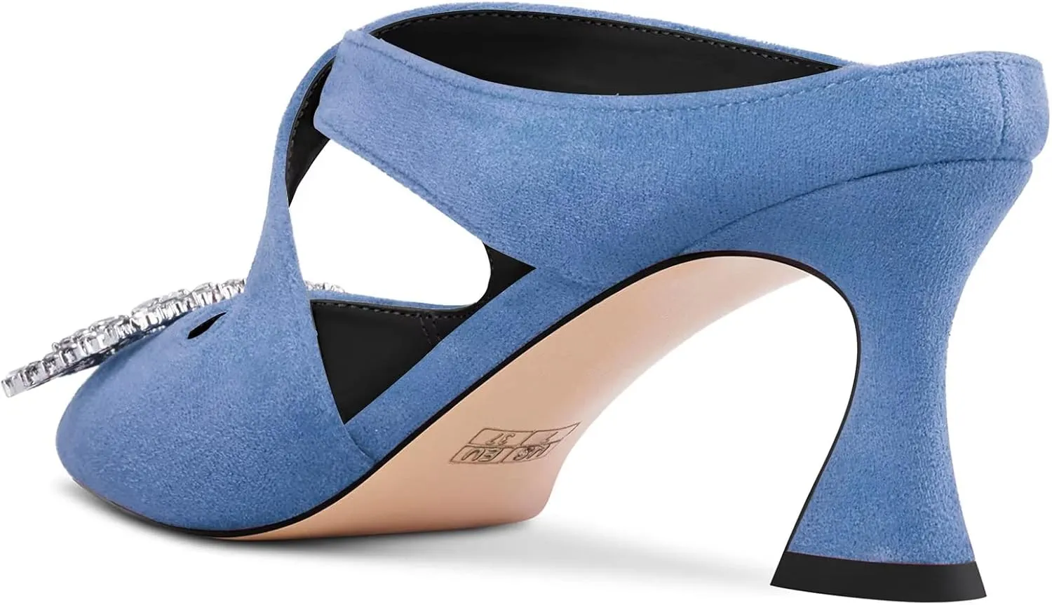 DearOnly Women Pointed Toe Sandals Mid Chunky Block Heel Cross-Strap Slingback Diamond Crystal Wedding Dress Heel