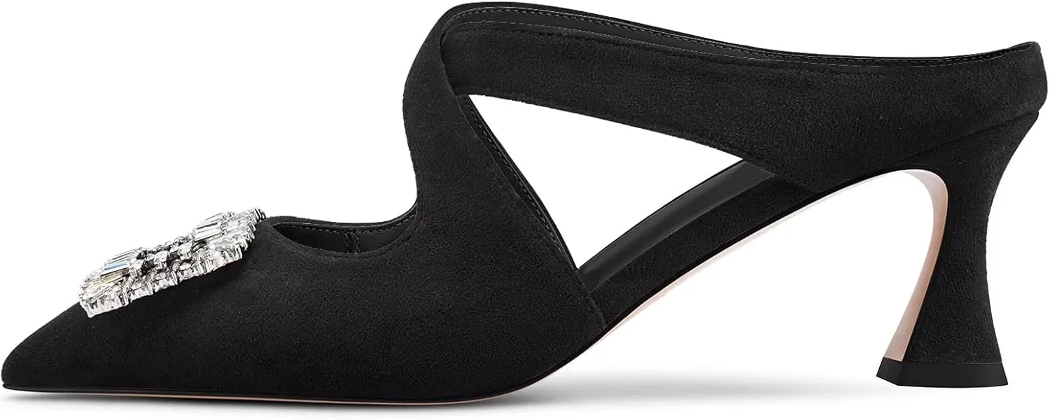 DearOnly Women Pointed Toe Sandals Mid Chunky Block Heel Cross-Strap Slingback Diamond Crystal Wedding Dress Heel
