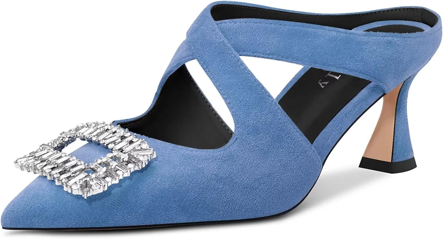 DearOnly Women Pointed Toe Sandals Mid Chunky Block Heel Cross-Strap Slingback Diamond Crystal Wedding Dress Heel