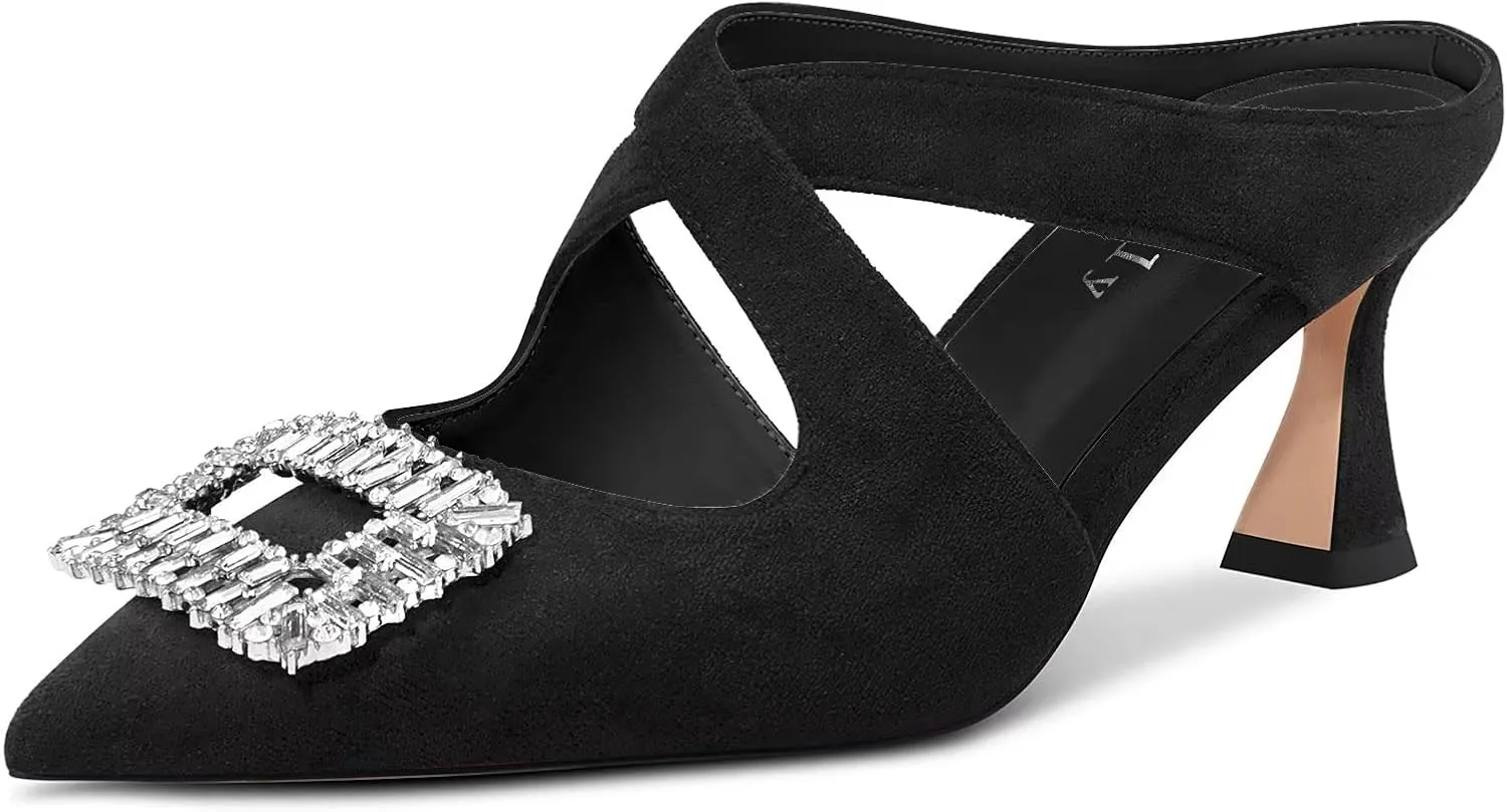 DearOnly Women Pointed Toe Sandals Mid Chunky Block Heel Cross-Strap Slingback Diamond Crystal Wedding Dress Heel