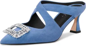 DearOnly Women Pointed Toe Sandals Mid Chunky Block Heel Cross-Strap Slingback Diamond Crystal Wedding Dress Heel