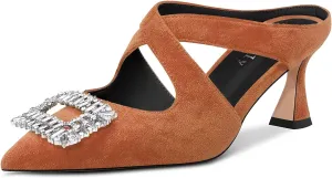DearOnly Women Pointed Toe Sandals Mid Chunky Block Heel Cross-Strap Slingback Diamond Crystal Wedding Dress Heel