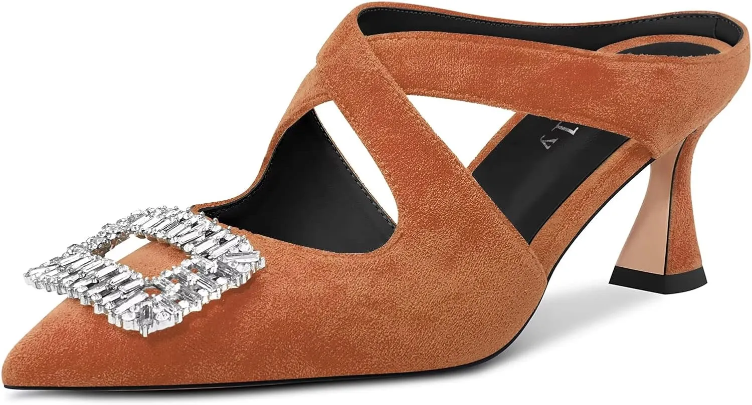 DearOnly Women Pointed Toe Sandals Mid Chunky Block Heel Cross-Strap Slingback Diamond Crystal Wedding Dress Heel